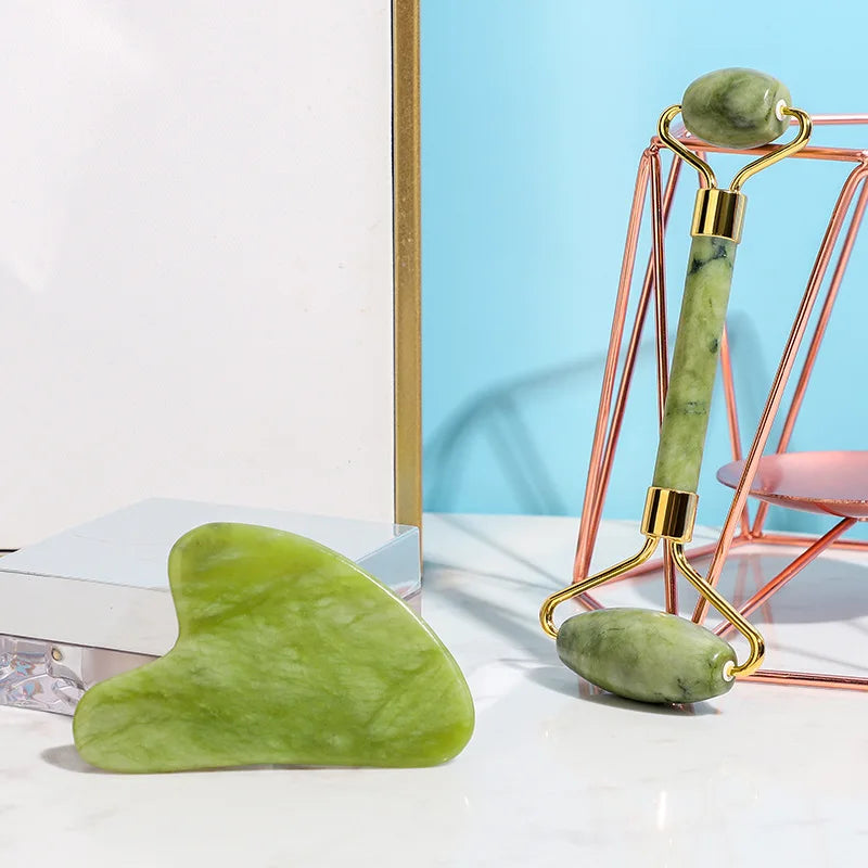 2Pcs Jade Massagers for Face Body Gua Sha Scraper Beauty Facial Roller Set Natural Gouache Stone Massage Slimming Skin Care Lift