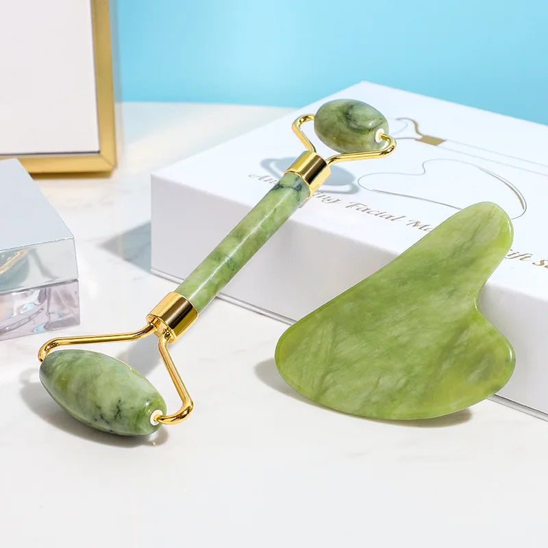 2Pcs Jade Massagers for Face Body Gua Sha Scraper Beauty Facial Roller Set Natural Gouache Stone Massage Slimming Skin Care Lift
